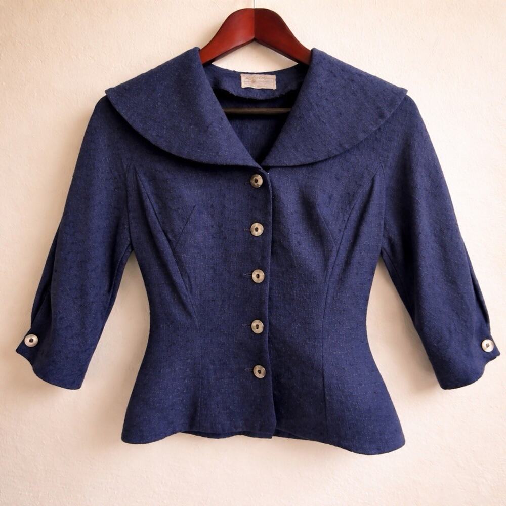 Vintage Koret of California Blue Textured Peplum Jacket Button Front 50s Style S